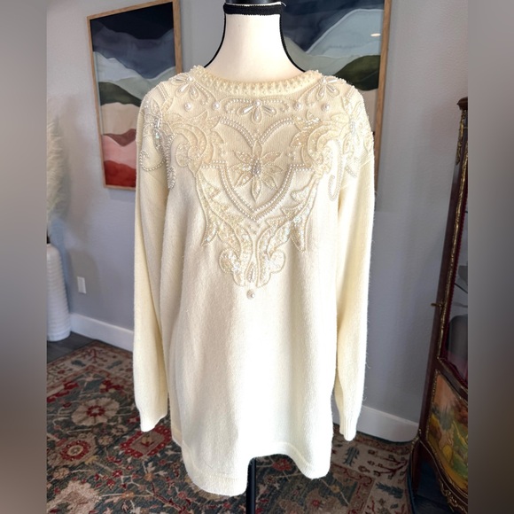 Vintage Alfred Dunner Cream Embellished Sweater - Picture 1 of 9